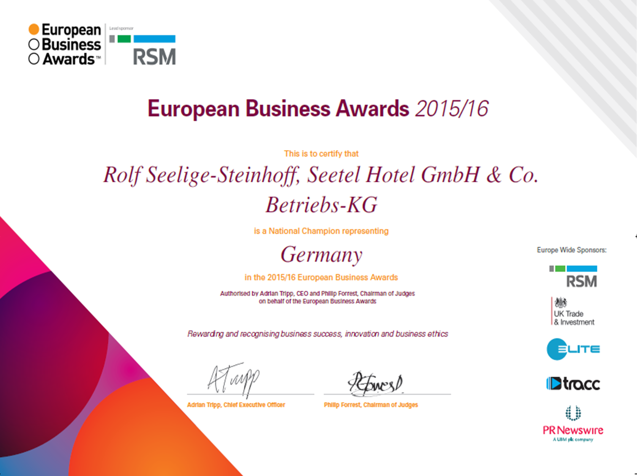 European Business Award - Zertifikat Seetel Hotels